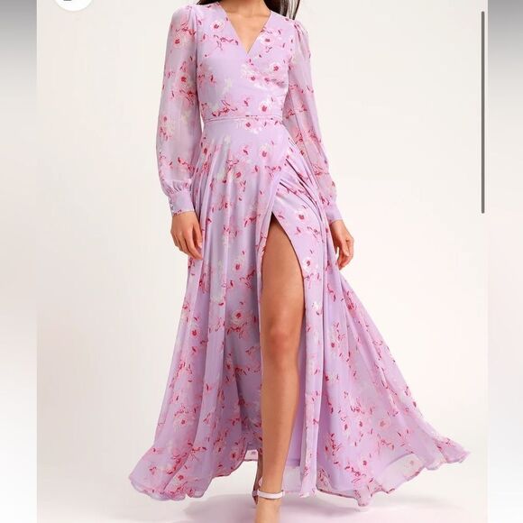 Lulu’s My Whole Heart Lavender Floral Print Long Sleeve Wrap Dress Size Small - Picture 1 of 11